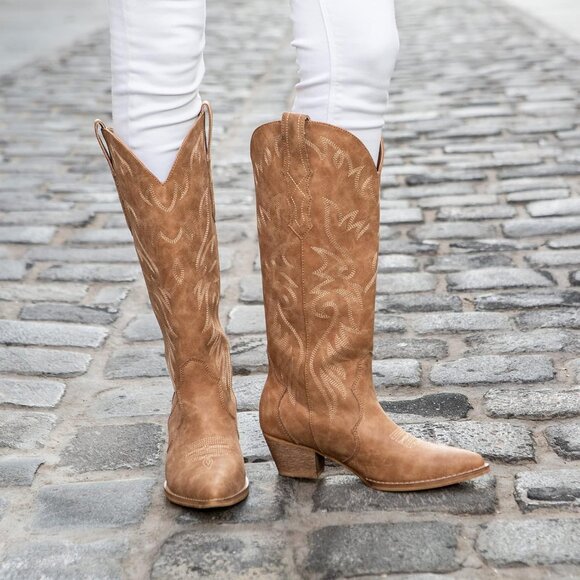 Women's Chunky Knee High Heel Western Leather Embroidered Tan Boot - Picture 5 of 5